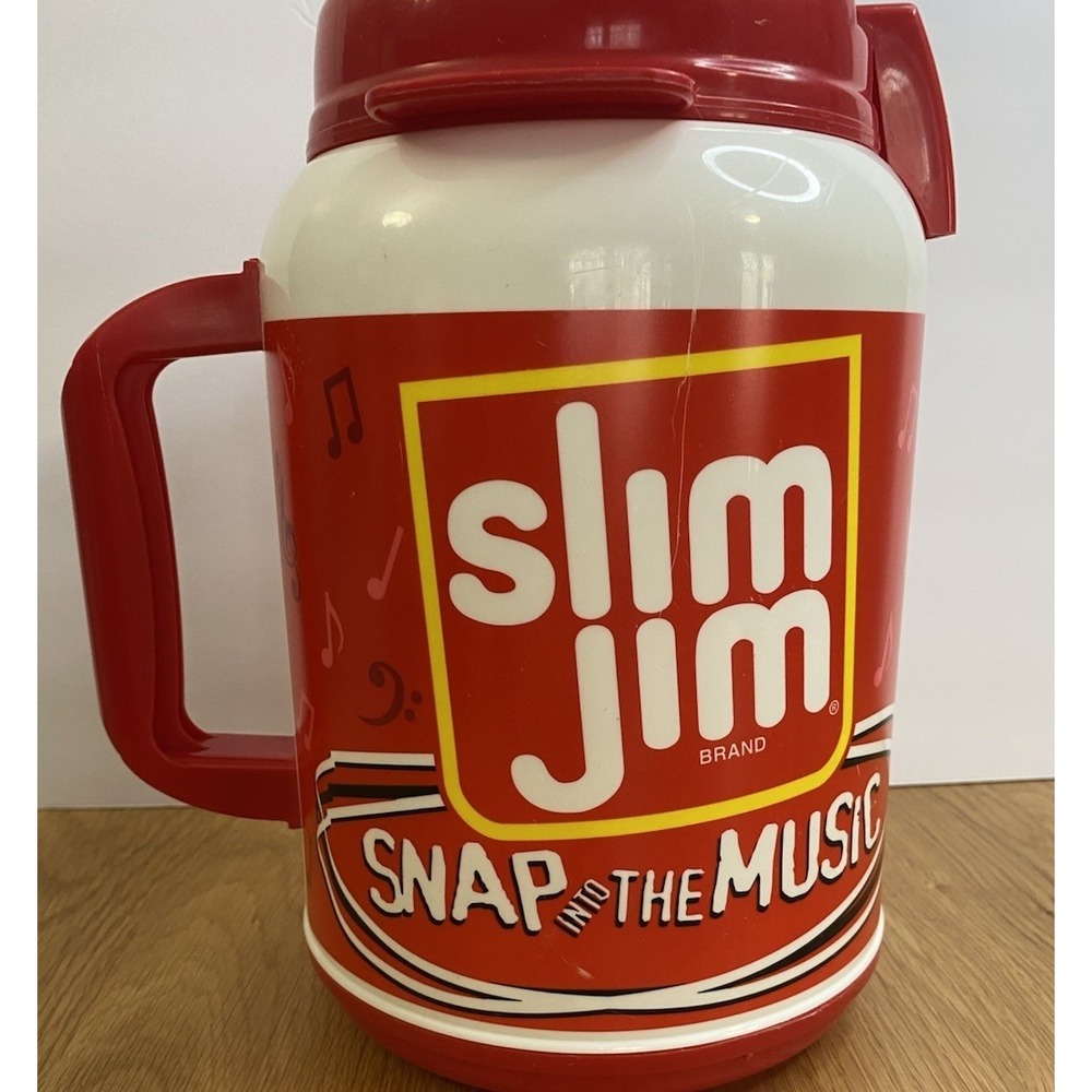 Slim Jim Super-Sized 64 oz Beverage Travel Mug Cup Snap Into Music Whirley Vtg